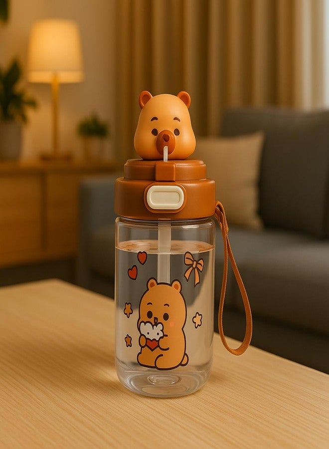GUCHIGU Kids Sipper Bottle with Straw for Baby | Leak-Proof, BPA-Free Water Bottle with Cute Design Lid & Strap | Easy Grip, 360° Drinking | Baby Toddler Water Sipper Cup (Brown, 450ml) - Image 3