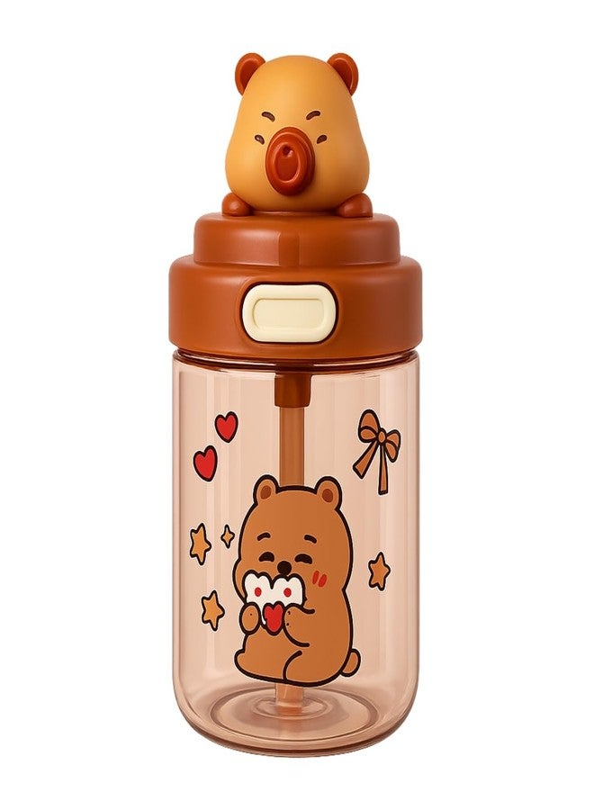 GUCHIGU Kids Sipper Bottle with Straw for Baby | Leak-Proof, BPA-Free Water Bottle with Cute Design Lid & Strap | Easy Grip, 360° Drinking | Baby Toddler Water Sipper Cup (Brown, 450ml) - Image 1