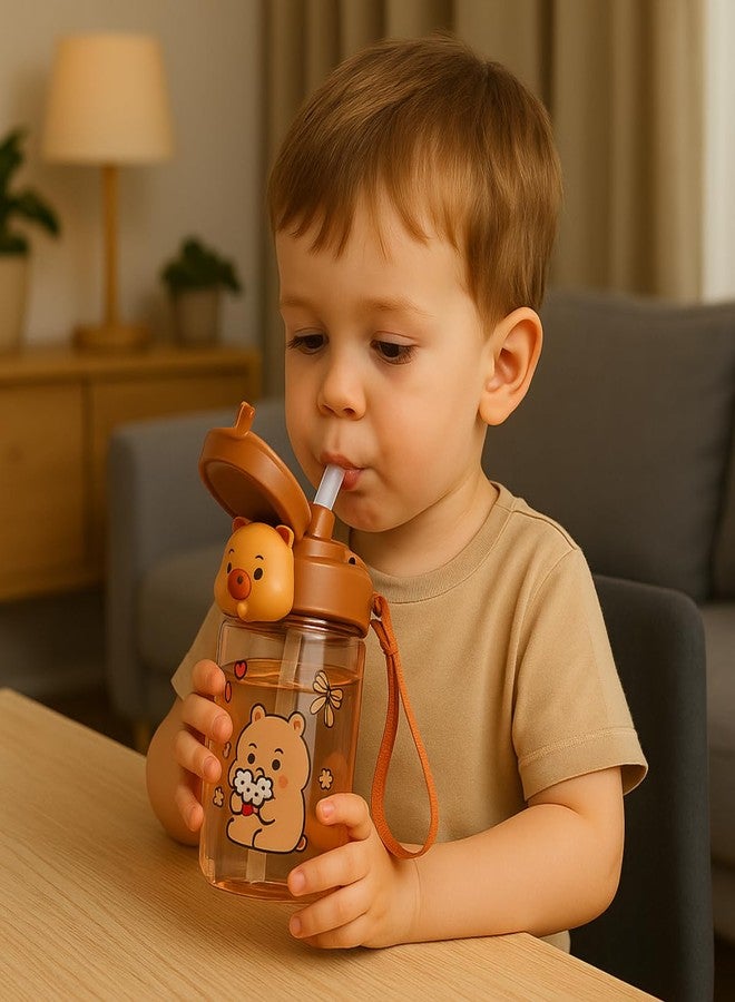 GUCHIGU Kids Sipper Bottle with Straw for Baby | Leak-Proof, BPA-Free Water Bottle with Cute Design Lid & Strap | Easy Grip, 360° Drinking | Baby Toddler Water Sipper Cup (Brown, 450ml) - Image 2