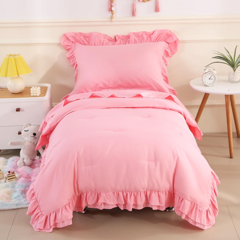 Wowelife Toddler Bedding Set for Girls 4 Piece Ruffle Boho Tufted Fringe Pink Toddler Bed Comforter Sets Jacquard Bed Set Bed in a Bag with Comforter, Flat Sheet, Fitted Sheet, Pillowcase - Image 1