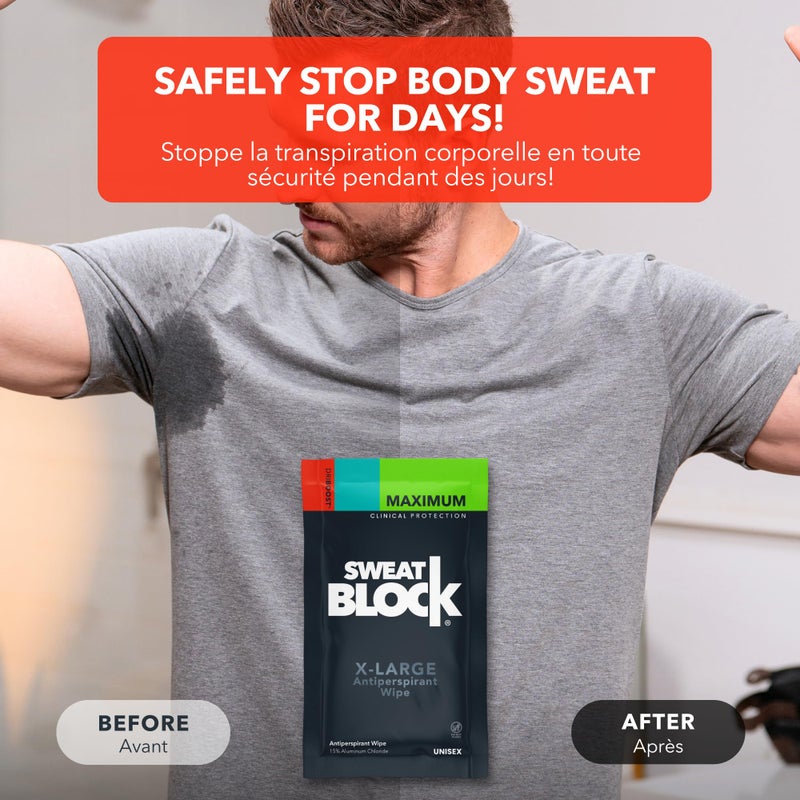 Sweatblock مناديل مضادة للتعرق من سويت بلوك | قوة سريرية | حماية من التعرق طوال اليوم للجسم واليدين والقدمين وتحت الإبطين | علاج فرط التعرق للرجال والنساء | XL، بدون رائحة، عبوة 10 - Image 3