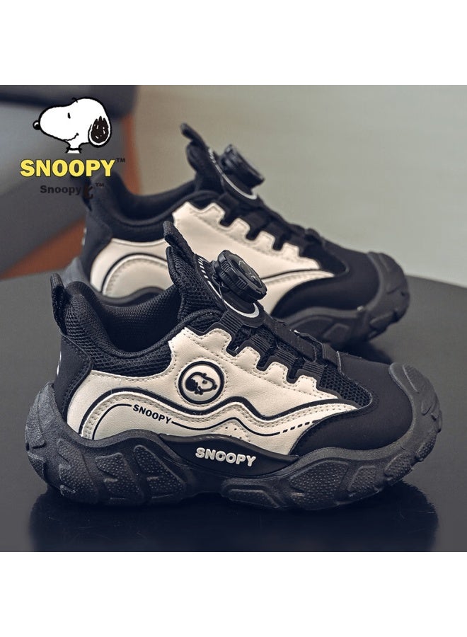 Snoopy  Spring Kids Simple Colorblock Sports Shoes Girls Lightweight Casual Shoes Boys Shoes 0009 Black Beige Size 32