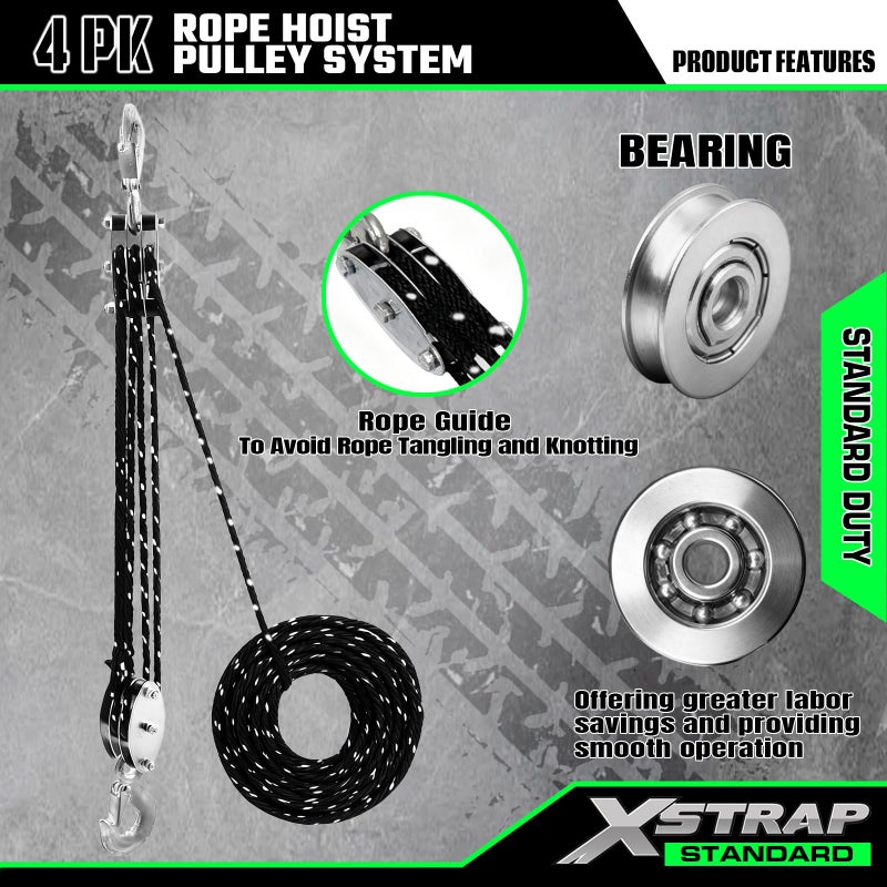 XSTRAP STANDARD Heavy-Duty 2,000 LB Breaking Strength 50 FT Reflective Rope Hoist, Metal Wheels Bearing 1000 LB Work Load Block and Tackle Pulley System for Lifting Heavy Objects, with 2pcs Soft Loops - Image 5