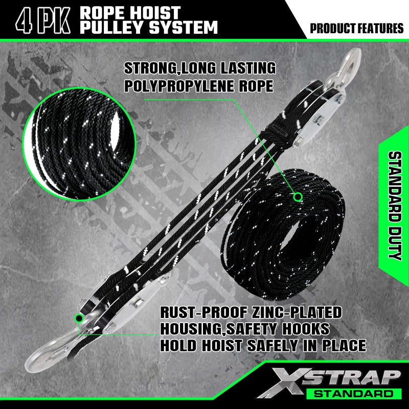 XSTRAP STANDARD Heavy-Duty 2,000 LB Breaking Strength 50 FT Reflective Rope Hoist, Metal Wheels Bearing 1000 LB Work Load Block and Tackle Pulley System for Lifting Heavy Objects, with 2pcs Soft Loops - Image 4