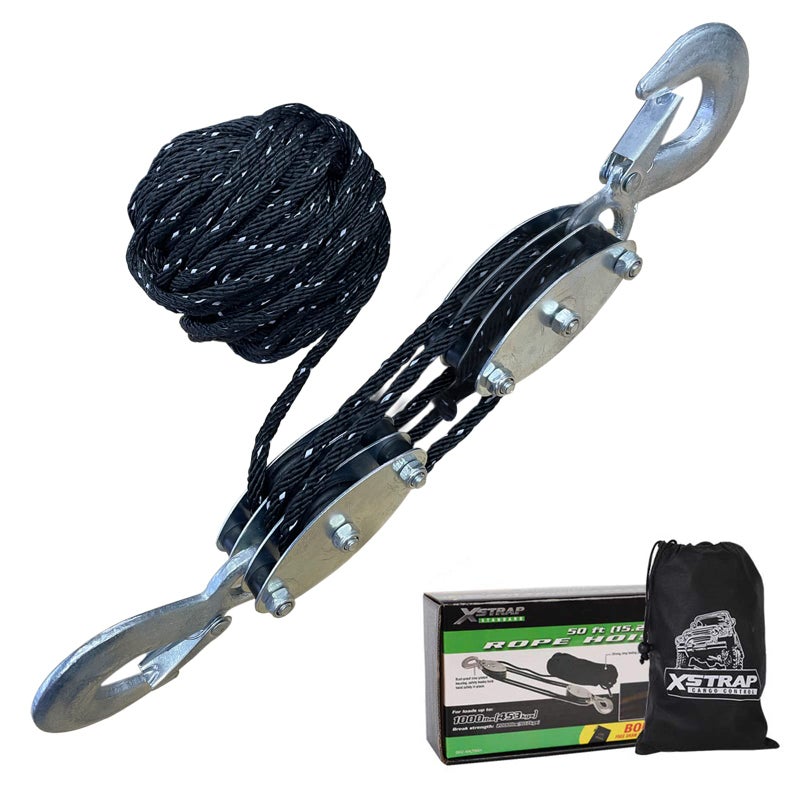 XSTRAP STANDARD Heavy-Duty 2,000 LB Breaking Strength 50 FT Reflective Rope Hoist, Metal Wheels Bearing 1000 LB Work Load Block and Tackle Pulley System for Lifting Heavy Objects, with 2pcs Soft Loops - Image 1