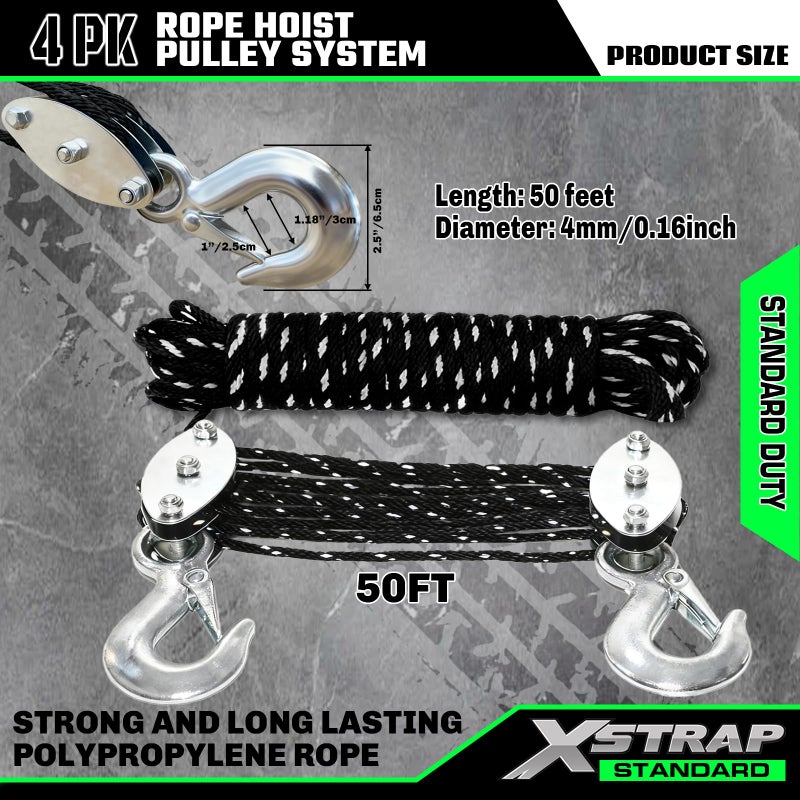 XSTRAP STANDARD Heavy-Duty 2,000 LB Breaking Strength 50 FT Reflective Rope Hoist, Metal Wheels Bearing 1000 LB Work Load Block and Tackle Pulley System for Lifting Heavy Objects, with 2pcs Soft Loops - Image 3