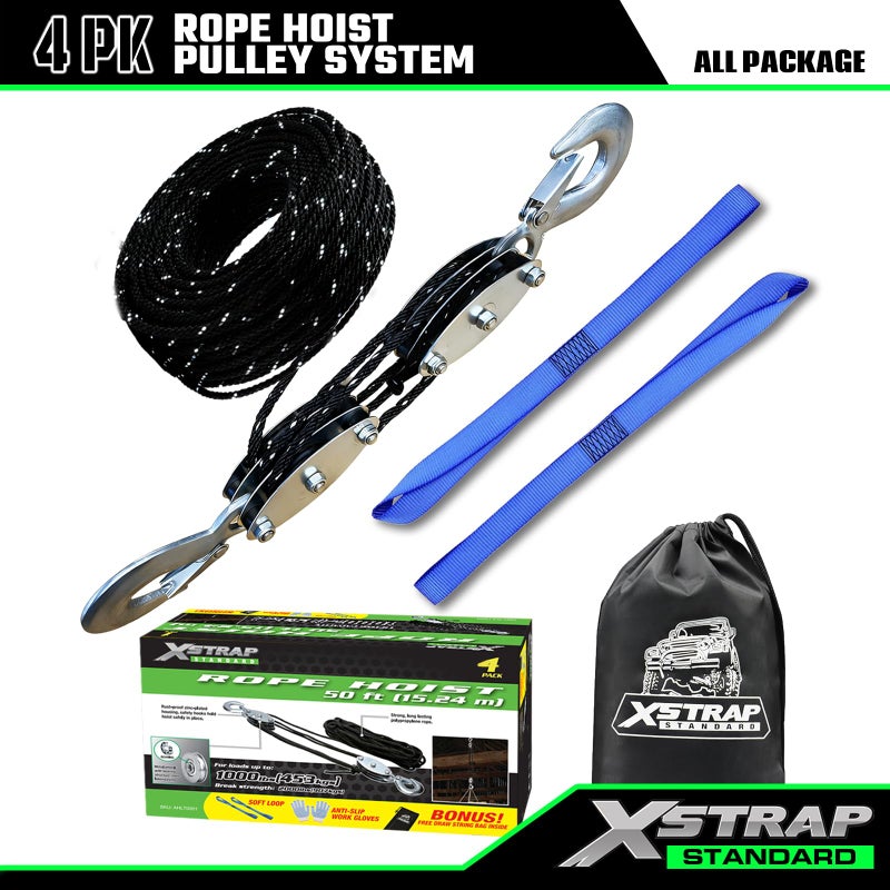 XSTRAP STANDARD Heavy-Duty 2,000 LB Breaking Strength 50 FT Reflective Rope Hoist, Metal Wheels Bearing 1000 LB Work Load Block and Tackle Pulley System for Lifting Heavy Objects, with 2pcs Soft Loops - Image 2
