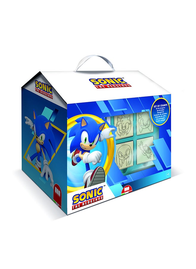 MULTIPRINT Sonic House Creative Stamping And Coloring Set For Kids Includes 7 Wooden Stamps, Washable Ink, 7 Markers, Drawing Book And More Made In Italy  - Image 1