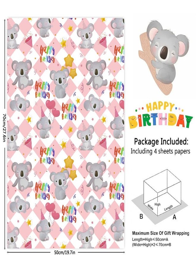 Boerni Koala Wrapping Paper for Happy Birthday Party, Lovely Koala with Heart Balloons Star Printed on Pink White Checkered Background Gift Wrap Paper - 4 Sheets Folded Flat - for Birthday, Holiday, Wedding - Image 3
