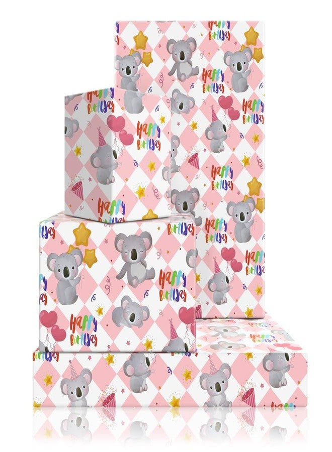 Boerni Koala Wrapping Paper for Happy Birthday Party, Lovely Koala with Heart Balloons Star Printed on Pink White Checkered Background Gift Wrap Paper - 4 Sheets Folded Flat - for Birthday, Holiday, Wedding - Image 1