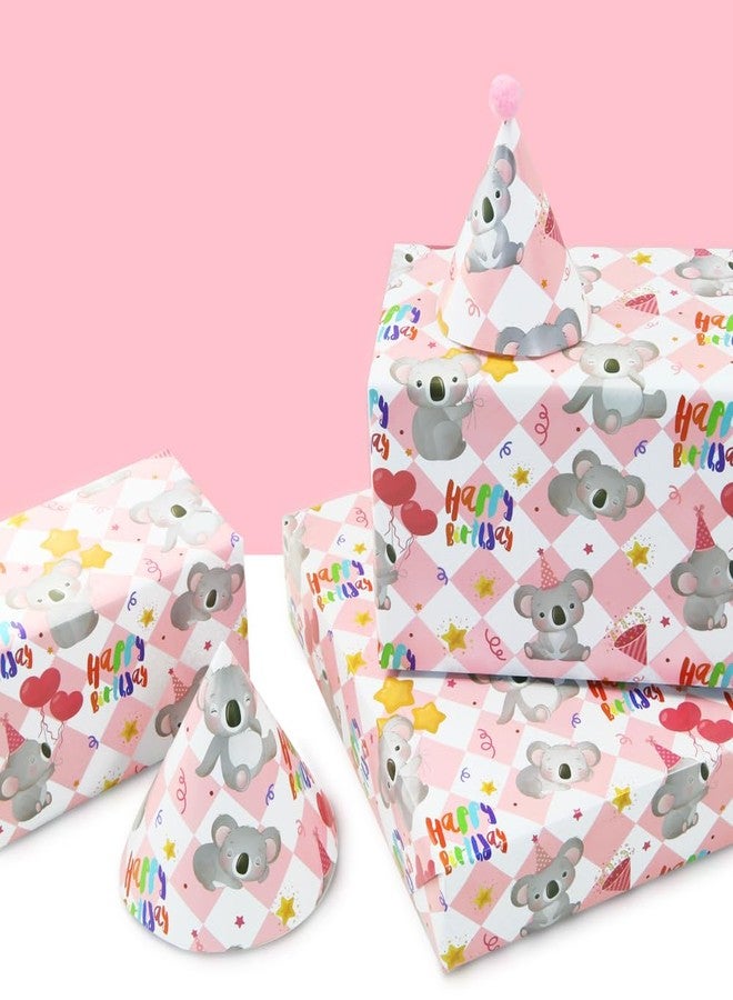 Boerni Koala Wrapping Paper for Happy Birthday Party, Lovely Koala with Heart Balloons Star Printed on Pink White Checkered Background Gift Wrap Paper - 4 Sheets Folded Flat - for Birthday, Holiday, Wedding - Image 4
