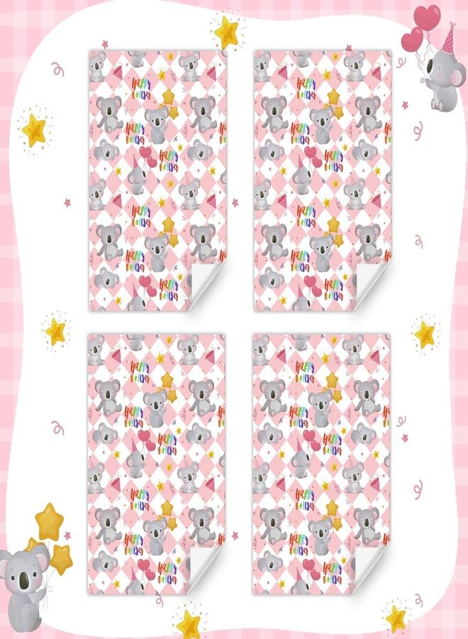 Boerni Koala Wrapping Paper for Happy Birthday Party, Lovely Koala with Heart Balloons Star Printed on Pink White Checkered Background Gift Wrap Paper - 4 Sheets Folded Flat - for Birthday, Holiday, Wedding - Image 2