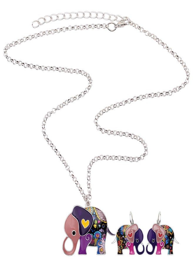DUOWEI Enamel Alloy Cartoon Elephant Jewelry Sets Earrings French Clip Necklace Sweet Pendants For Women Gift (Purple) - Image 4