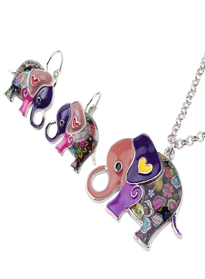 DUOWEI Enamel Alloy Cartoon Elephant Jewelry Sets Earrings French Clip Necklace Sweet Pendants For Women Gift (Purple) - Image 3