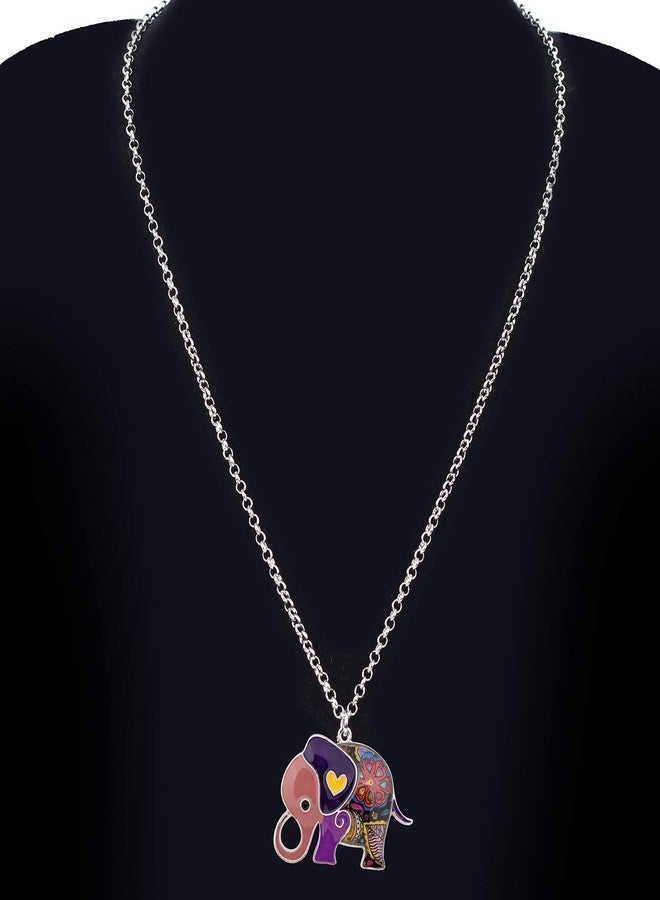 DUOWEI Enamel Alloy Cartoon Elephant Jewelry Sets Earrings French Clip Necklace Sweet Pendants For Women Gift (Purple) - Image 2