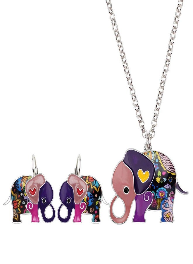 DUOWEI Enamel Alloy Cartoon Elephant Jewelry Sets Earrings French Clip Necklace Sweet Pendants For Women Gift (Purple) - Image 1
