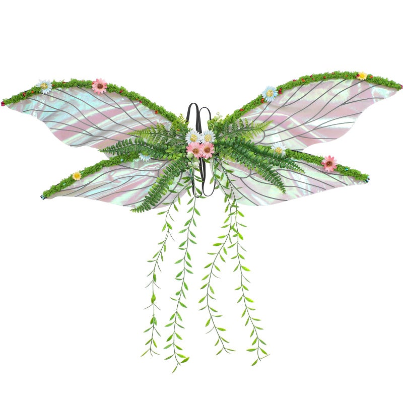 RENEMEGO Green Fairy Wings for Women Mother Nature Costume Woodland Elf Wings with Colorful Flowers Leaves and Vines for Adults Butterfly Wings for Renaissance Renfaire Fairy Costume Photoshoot - Image 2
