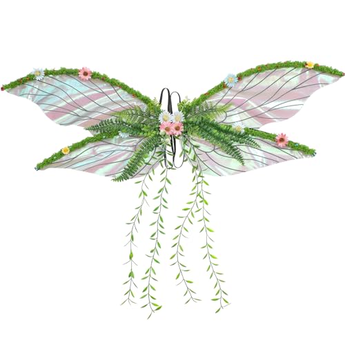 RENEMEGO Green Fairy Wings for Women Mother Nature Costume Woodland Elf Wings with Colorful Flowers Leaves and Vines for Adults Butterfly Wings for Renaissance Renfaire Fairy Costume Photoshoot - Image 1