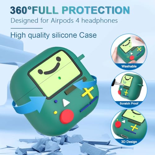 BIQIRE Cute Cover for AirPods 4 Case (2024), Cartoon Cute AirPods 4 Case Game Console Design Silicone Shock-Proof Protection Cool Case for AirPods 4th Generation Case Funny with Keychain/Cleaner Kit (Green) - Image 3