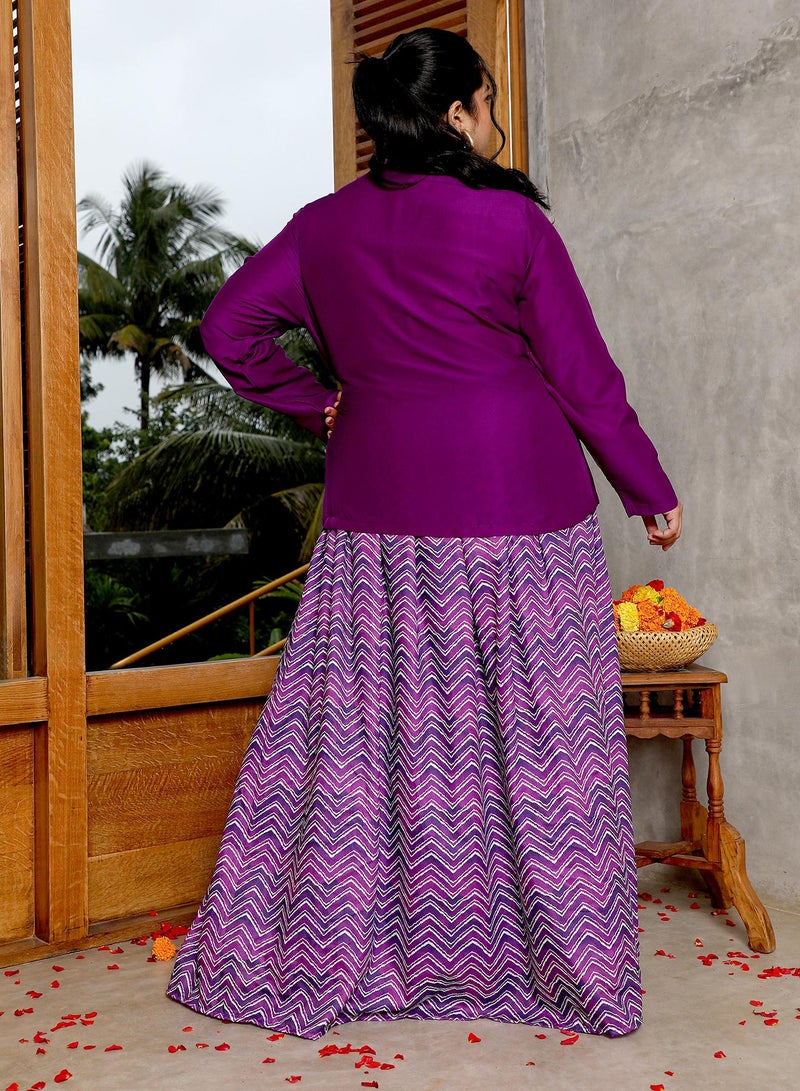 Instafab Plus Women's Amethyst Purple Chevron-Wrap Co-Ord Set For Ethnic Wear | Lapel Collar, Long Regular Sleeves | Solid Plain Fabric | 2 Piece Co-Ords For Evening & Party Wear - Image 5