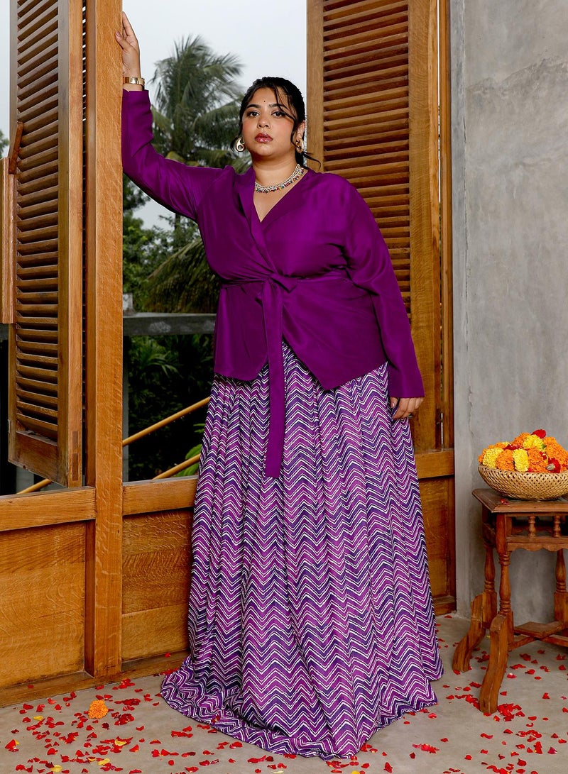 Instafab Plus Women's Amethyst Purple Chevron-Wrap Co-Ord Set For Ethnic Wear | Lapel Collar, Long Regular Sleeves | Solid Plain Fabric | 2 Piece Co-Ords For Evening & Party Wear - Image 1