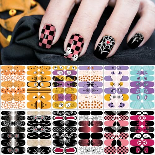 winthrop 12 Sheets Halloween Nail Wraps Stickers Nail Polish Strips DIY SelfAdhesive Full Glitter Nail Art Decals Pumpkin Bat Ghost Spider Skull Pattern with 2 Piece Nail Files for Party Decor 168 Pieces - Image 1