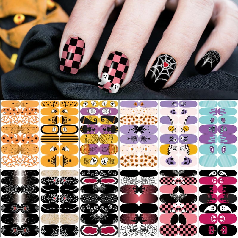 winthrop 12 Sheets Halloween Nail Wraps Stickers Nail Polish Strips DIY SelfAdhesive Full Glitter Nail Art Decals Pumpkin Bat Ghost Spider Skull Pattern with 2 Piece Nail Files for Party Decor 168 Pieces - Image 3