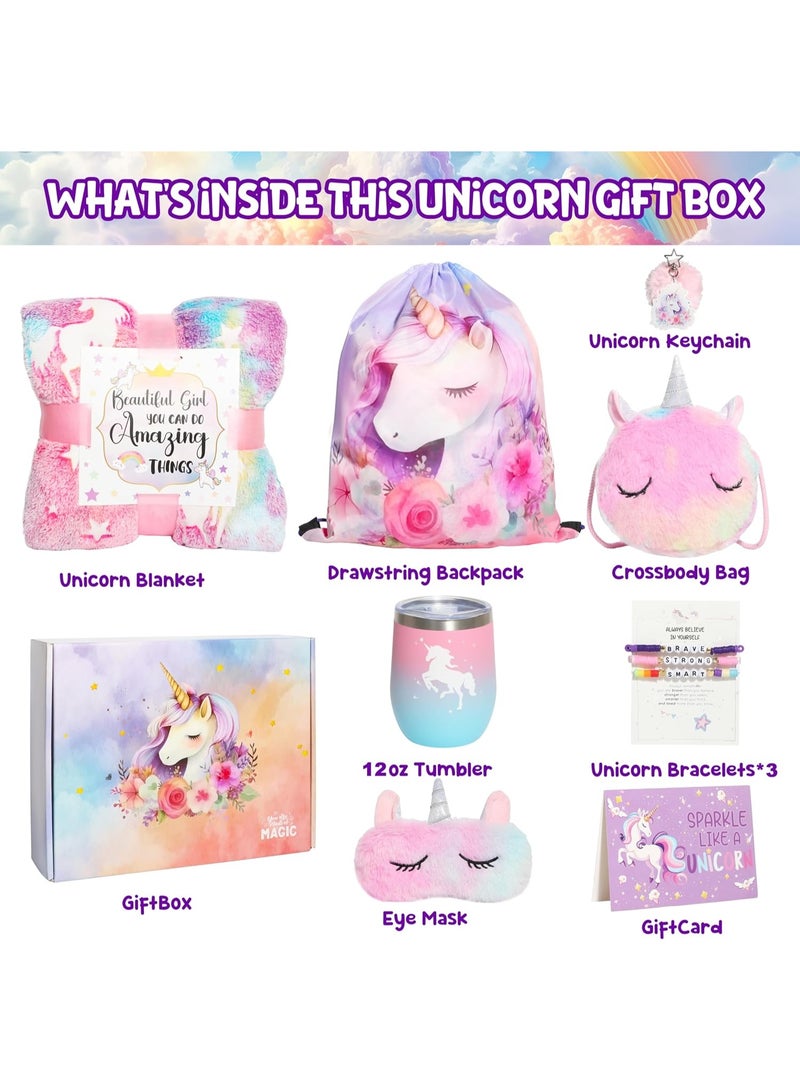 FLYHSO Unicorn Gift Set for Girls Ages 6-10 – 9PCS Toys with Blanket, Bag, Eye Mask, Keychain, Tumbler & Bracelets – Ideal Birthday or Surprise Present - Image 3