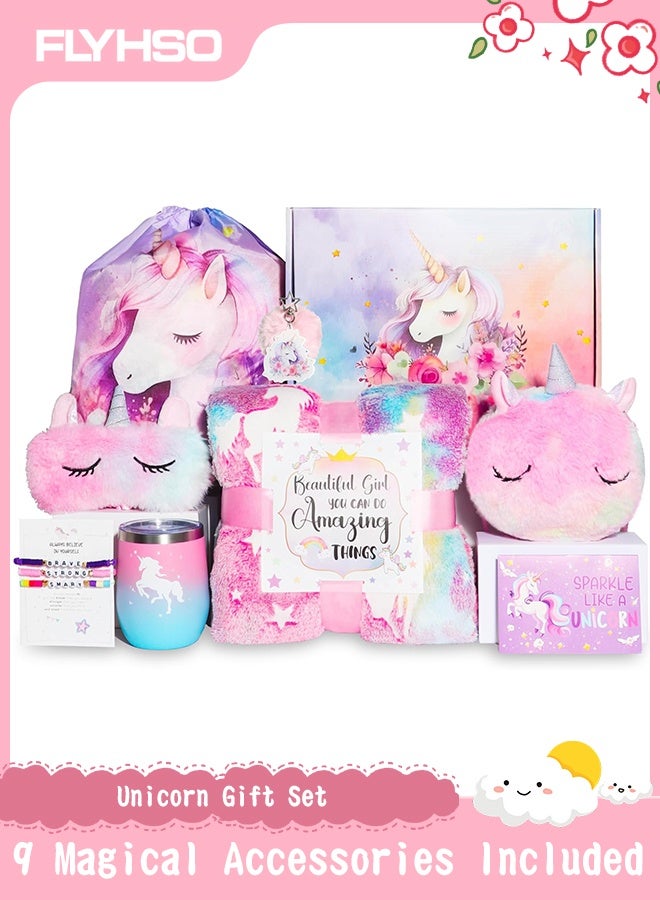 FLYHSO Unicorn Gift Set for Girls Ages 6-10 – 9PCS Toys with Blanket, Bag, Eye Mask, Keychain, Tumbler & Bracelets – Ideal Birthday or Surprise Present - Image 1