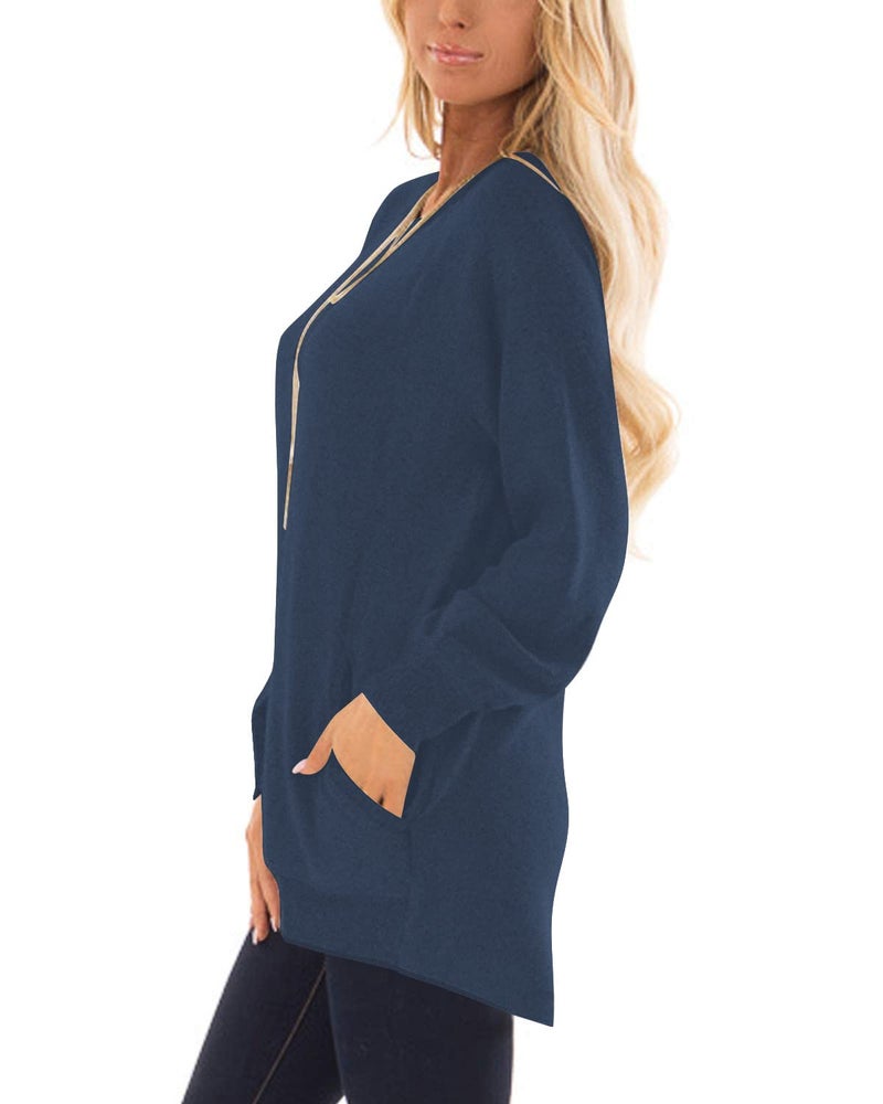 KUOTAI Tunic Tops for Women Long Sleeve Blouses Casual Crew Neck T-Shirts with Pocket(Brown Blue, X-Large) - Image 2