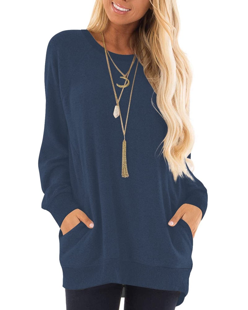 KUOTAI Tunic Tops for Women Long Sleeve Blouses Casual Crew Neck T-Shirts with Pocket(Brown Blue, X-Large) - Image 1