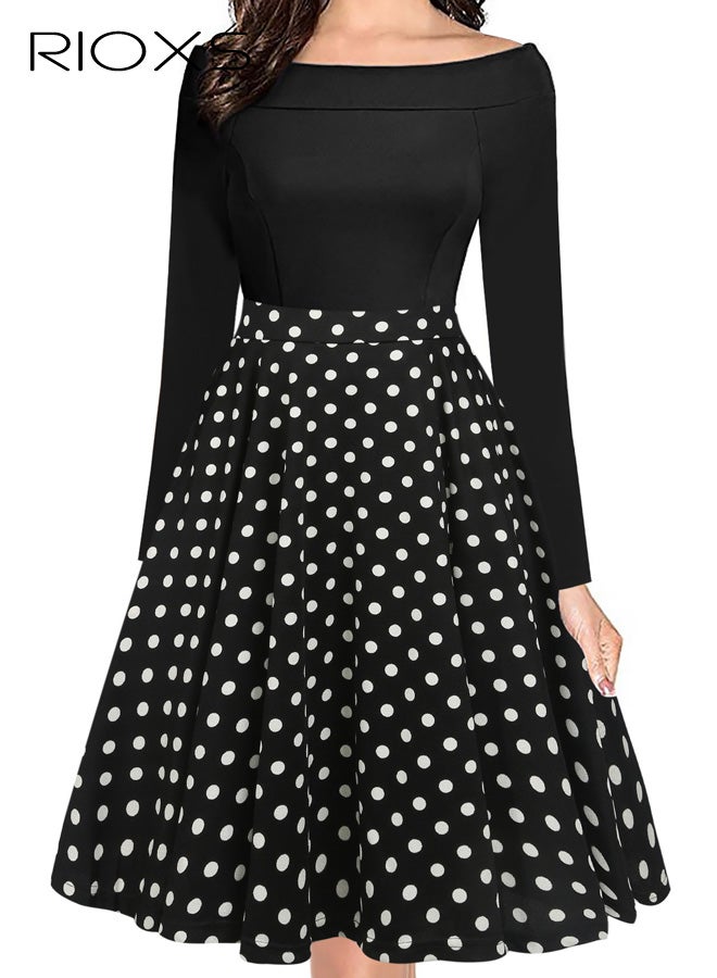 RIOXS ​​Women's One-Shoulder Black Dress, White Polka Dot Flared Midi Dress, Long Sleeve Slim Fit Party Dress with Zipper, Elegant Bodycon Top with Full Skirt, Cocktail Dress for Special Occasions, Stretchy Comfortable Formal Wear​ - Image 1