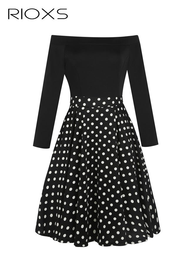 RIOXS ​​Women's One-Shoulder Black Dress, White Polka Dot Flared Midi Dress, Long Sleeve Slim Fit Party Dress with Zipper, Elegant Bodycon Top with Full Skirt, Cocktail Dress for Special Occasions, Stretchy Comfortable Formal Wear​ - Image 3