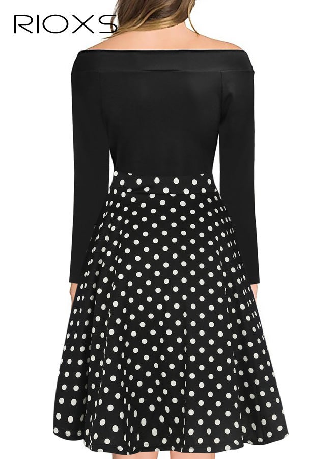 RIOXS ​​Women's One-Shoulder Black Dress, White Polka Dot Flared Midi Dress, Long Sleeve Slim Fit Party Dress with Zipper, Elegant Bodycon Top with Full Skirt, Cocktail Dress for Special Occasions, Stretchy Comfortable Formal Wear​ - Image 2