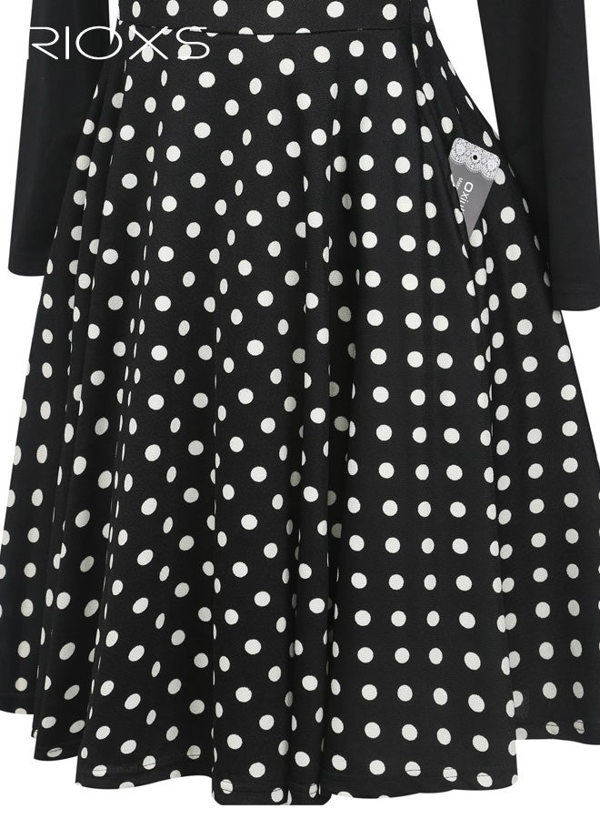 RIOXS ​​Women's One-Shoulder Black Dress, White Polka Dot Flared Midi Dress, Long Sleeve Slim Fit Party Dress with Zipper, Elegant Bodycon Top with Full Skirt, Cocktail Dress for Special Occasions, Stretchy Comfortable Formal Wear​ - Image 5