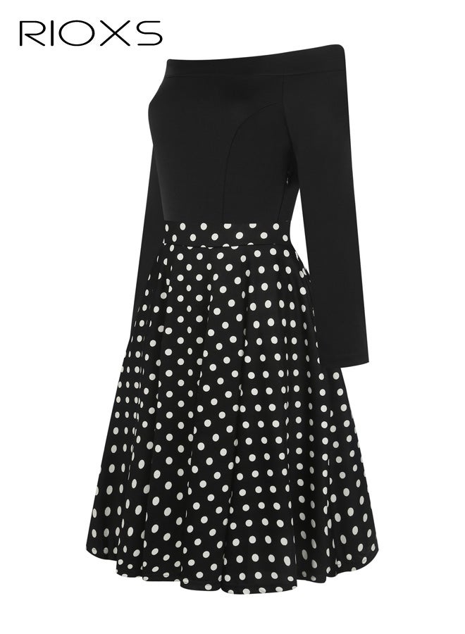 RIOXS ​​Women's One-Shoulder Black Dress, White Polka Dot Flared Midi Dress, Long Sleeve Slim Fit Party Dress with Zipper, Elegant Bodycon Top with Full Skirt, Cocktail Dress for Special Occasions, Stretchy Comfortable Formal Wear​ - Image 4