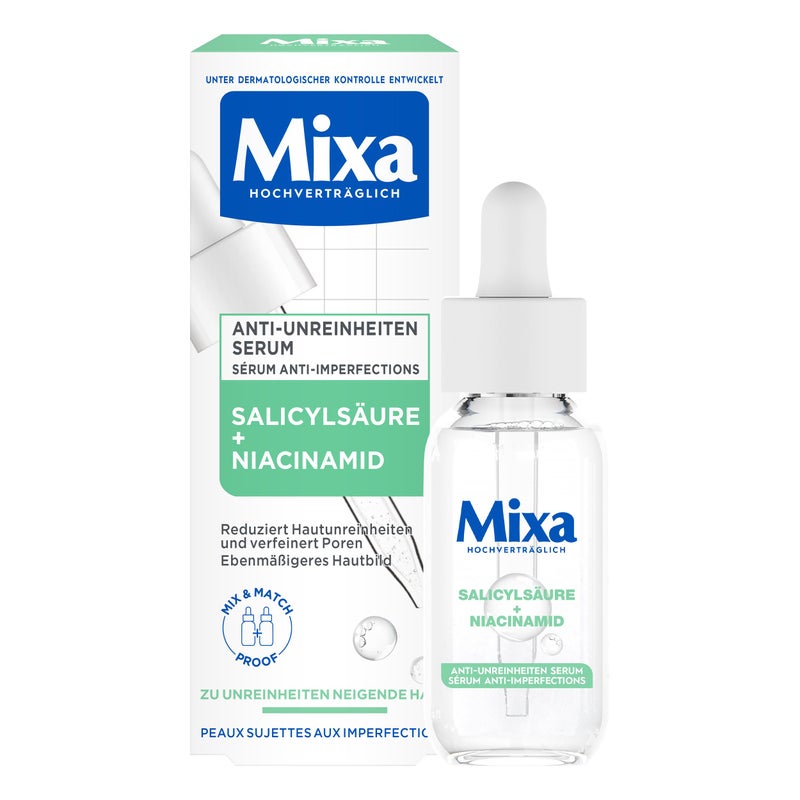 Mixa Anti-impurity serum, for acne-prone and sensitive skin, with salicylic acid, squalane and niacinamide, suitable for face and neck, hypoallergenic, 30 ml