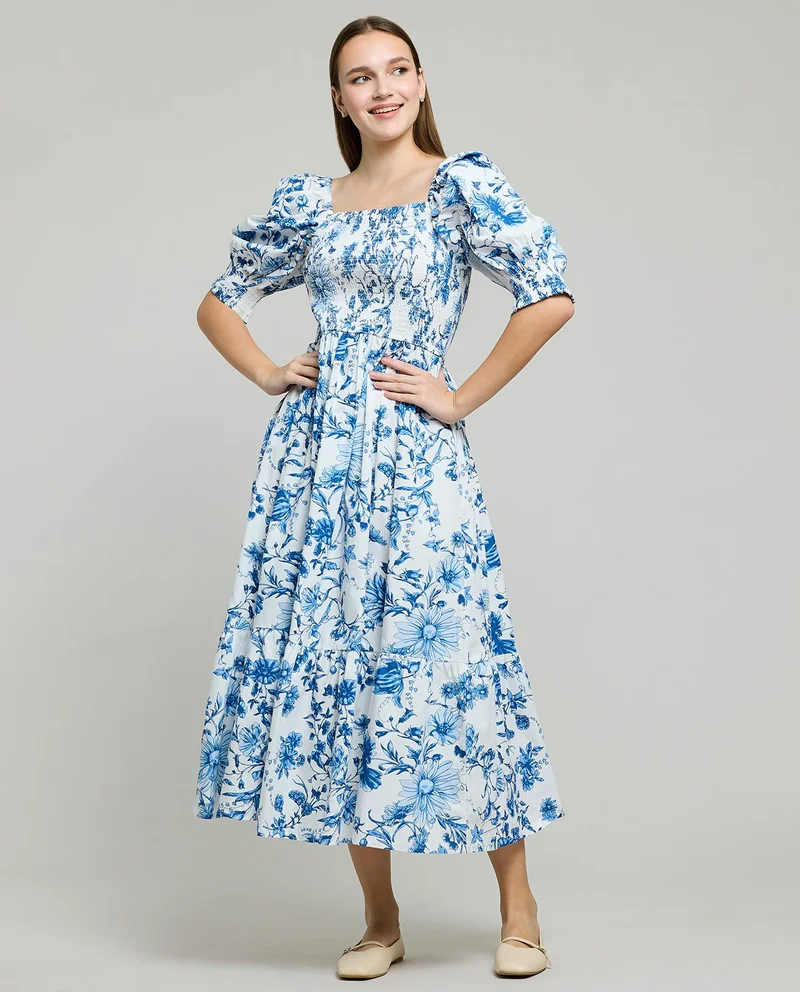 أر أند بي Printed Midi Dress with Square Neck and Puff Sleeves