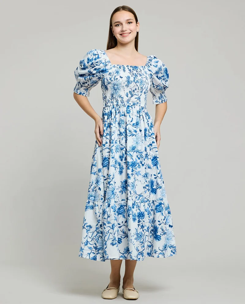 أر أند بي Printed Midi Dress with Square Neck and Puff Sleeves