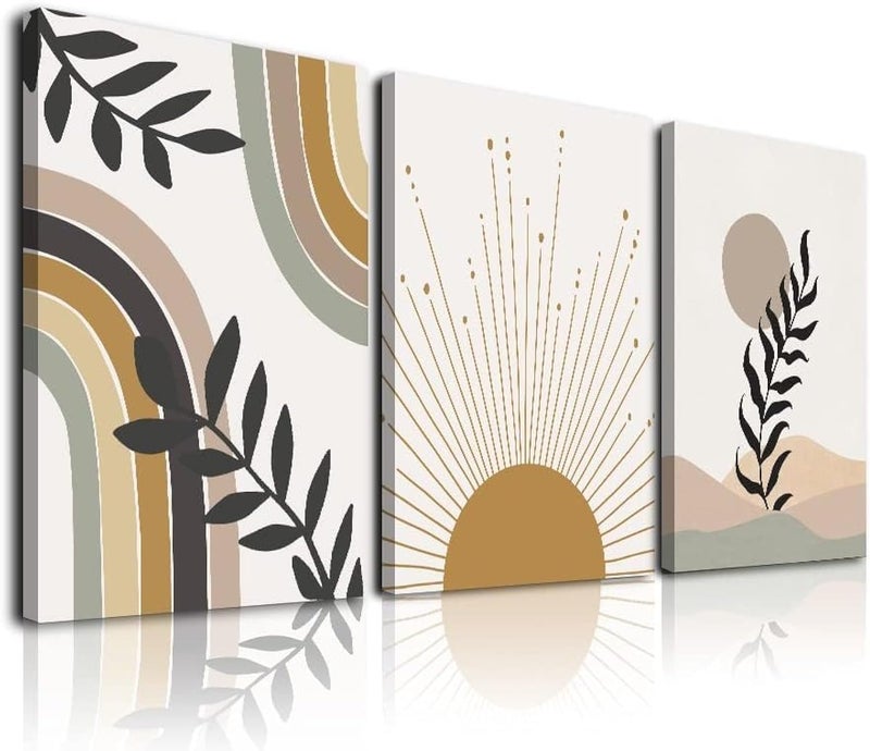 Experience optimized build Minimalist Bohemian Wall Art – Framed Canvas – Framed Wall Decor – Canvas Print of Sun, Moon, Palm Leaf, Mountain, Rainbow, Beige, Modern Posters Budget friendly trendy design