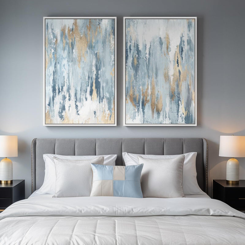 Cuspin Large White Framed Blue and Gold Abstract Canvas Wall Art for Living Room, 2 Piece Modern Minimalist Prints Paintings Artwork for Walls, Glitter Pictures for Hallway Dining Bedroom Wall Decor 24x36 In - Image 4
