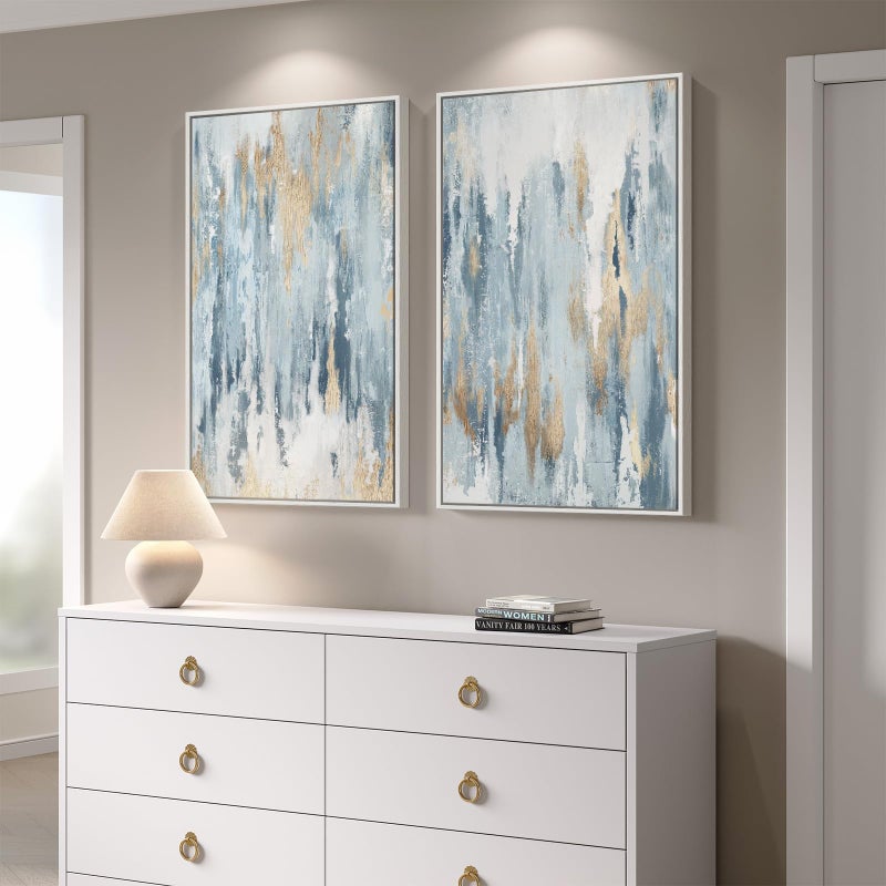 Cuspin Large White Framed Blue and Gold Abstract Canvas Wall Art for Living Room, 2 Piece Modern Minimalist Prints Paintings Artwork for Walls, Glitter Pictures for Hallway Dining Bedroom Wall Decor 24x36 In - Image 2