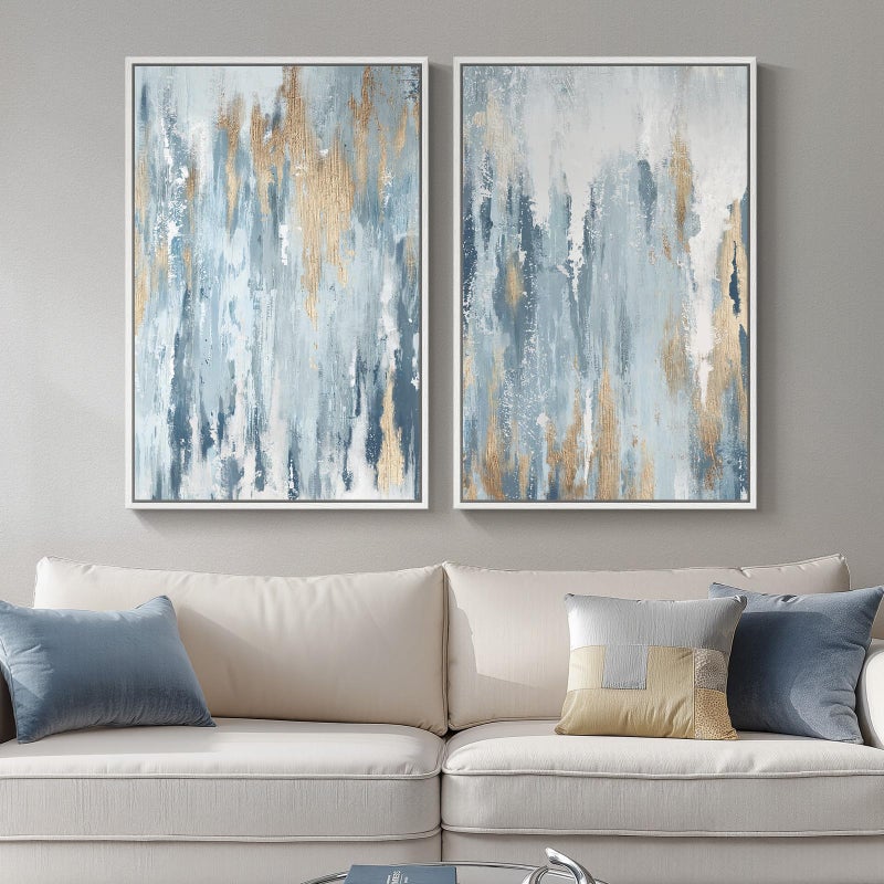 Cuspin Large White Framed Blue and Gold Abstract Canvas Wall Art for Living Room, 2 Piece Modern Minimalist Prints Paintings Artwork for Walls, Glitter Pictures for Hallway Dining Bedroom Wall Decor 24x36 In - Image 1