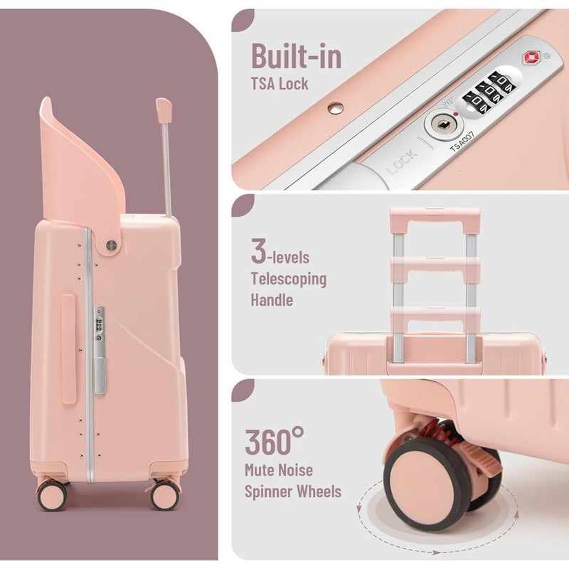 4-Wheel Checked Luggage With Seat For Travel Suitcase With Adjustable Handle And Hard Shell Ride-On Suitcase With Child Seat Design For Family Travel 22 Inch Pink - Image 4