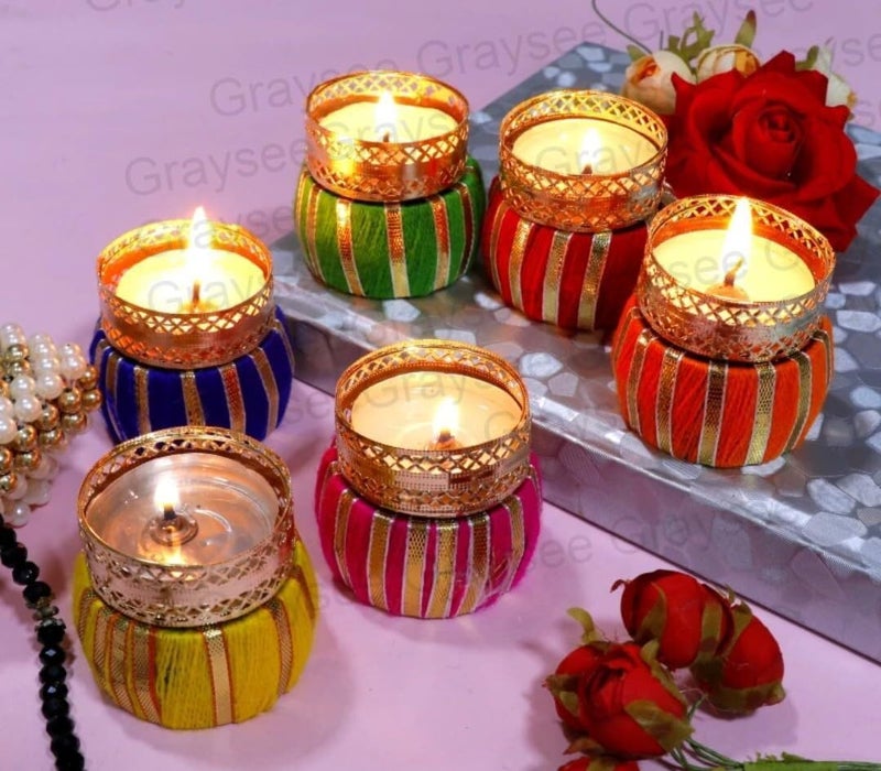 DIGSMORDEN DIGSMORDEN Matki Shape Tealight Candle Holders for Home Decor Diwali Decoration Items Diwali Gift Items Diwali Decoration Items for Home Decor Lotus Diwali Tealight Candle Pack of 6 Multicolor - Image 1