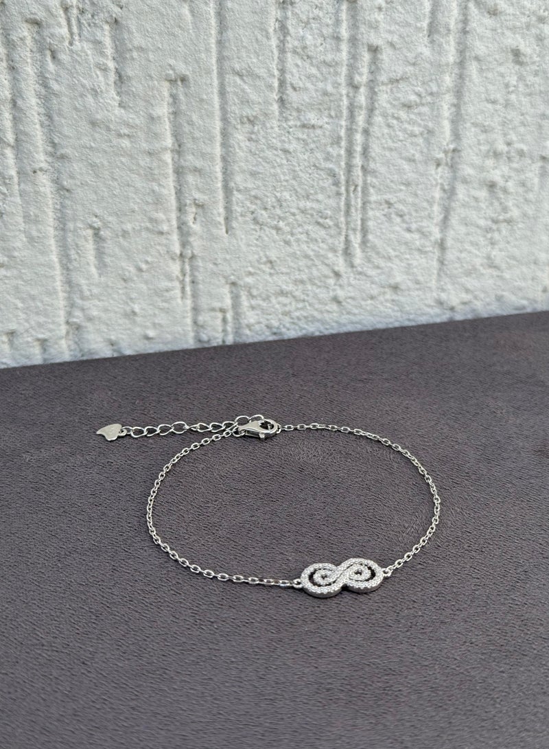Al Kasr Jewelry Infinity Loop Bracelet - Sterling Silver 925 - Plated Rhodium White Gold 18K - Adjustable Size - Image 1