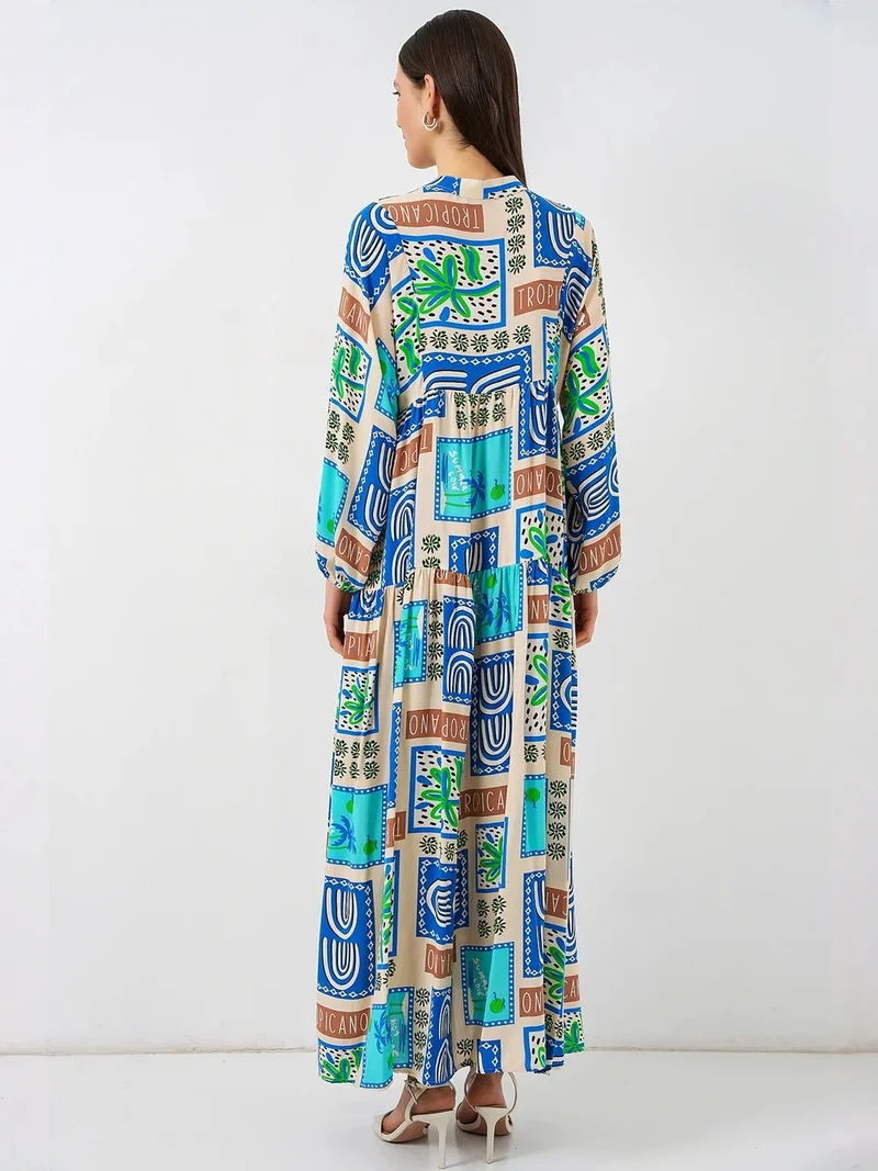 Big Dart Cerulean Blue BDART Patterned V-Neck Maxi Dress for Women | Best Price UAE