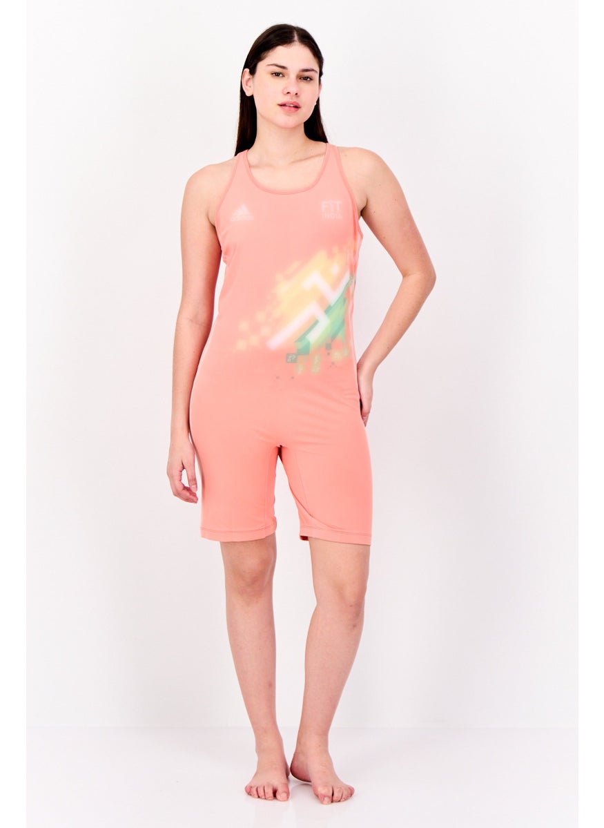 Adidas Women Non Padded Brand Logo Swimsuit Swimwear, Peach  - Image 3