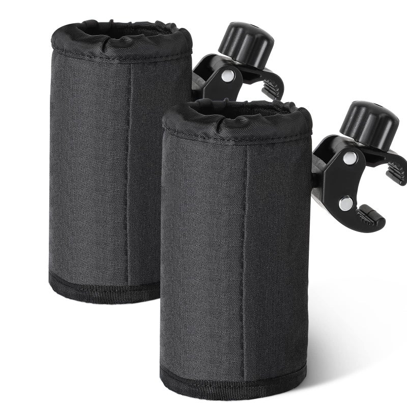 Hestya 2 Pieces Bar Cup Holder with Alligator Clip Universal Drink Holder Bicycle Water Bottle Holder with Mesh Pockets for Bike, Motorcycle, ATV, Scooter, Boat, Wheelchair, Walker and Golf Cart (Black) - Image 1