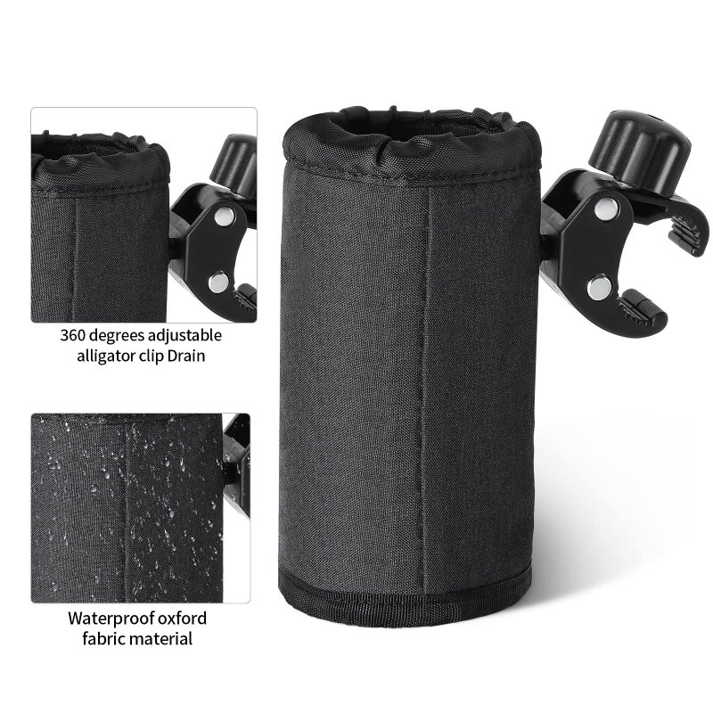 Hestya 2 Pieces Bar Cup Holder with Alligator Clip Universal Drink Holder Bicycle Water Bottle Holder with Mesh Pockets for Bike, Motorcycle, ATV, Scooter, Boat, Wheelchair, Walker and Golf Cart (Black) - Image 4